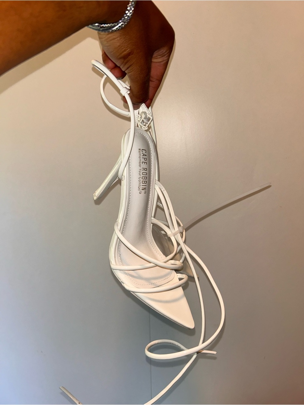 Cape Robbin White Strappy Pointed Stiletto Sandals with Ankle Wrap